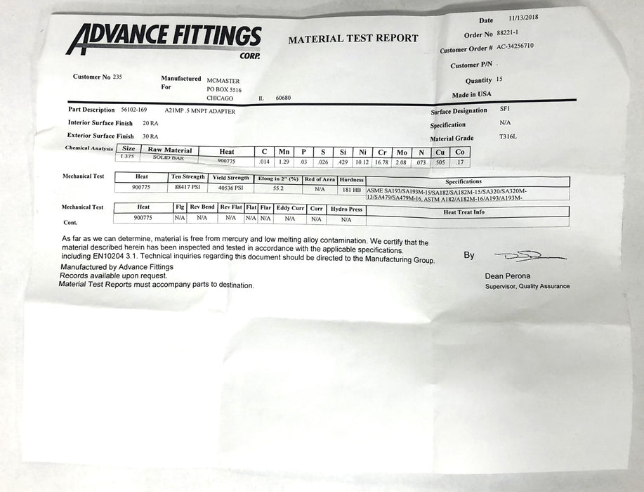 Advance Fittings A21MP 56102-169 T316L NOS