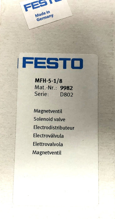 Festo 24-120PSI 1,8-8BAR 9982 D802 Solenoid Valve MFH-5-1/8 NOS