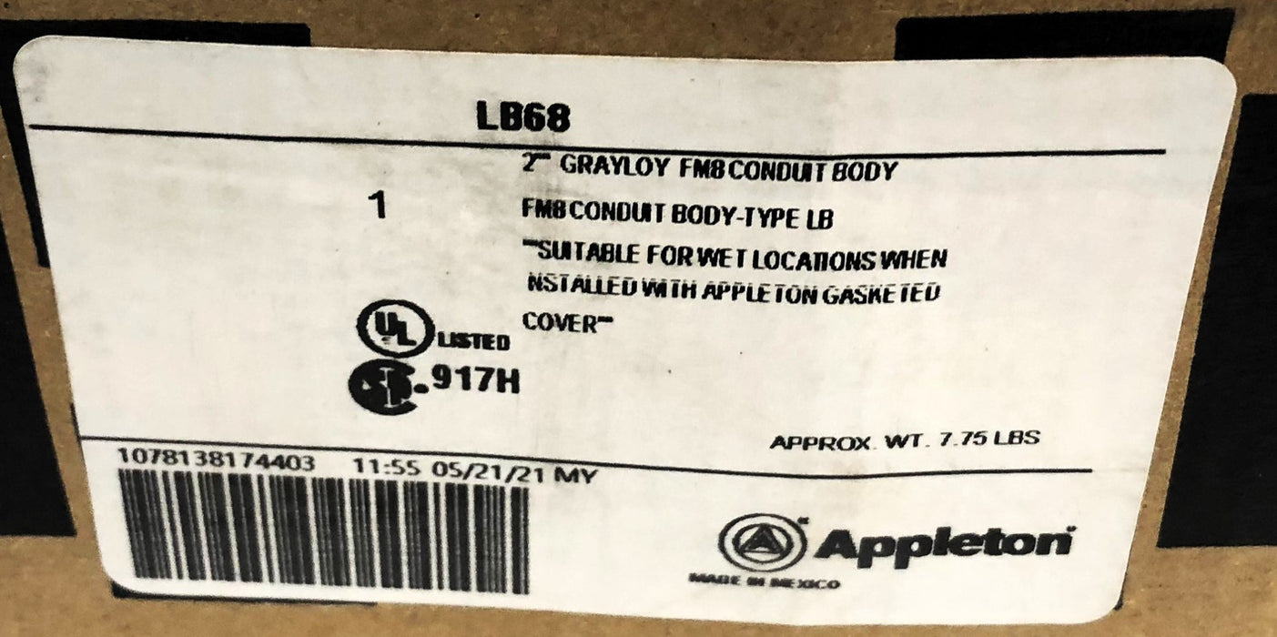 Appleton 2" Grayloy Fm8 Conduit Body LB68 NOS