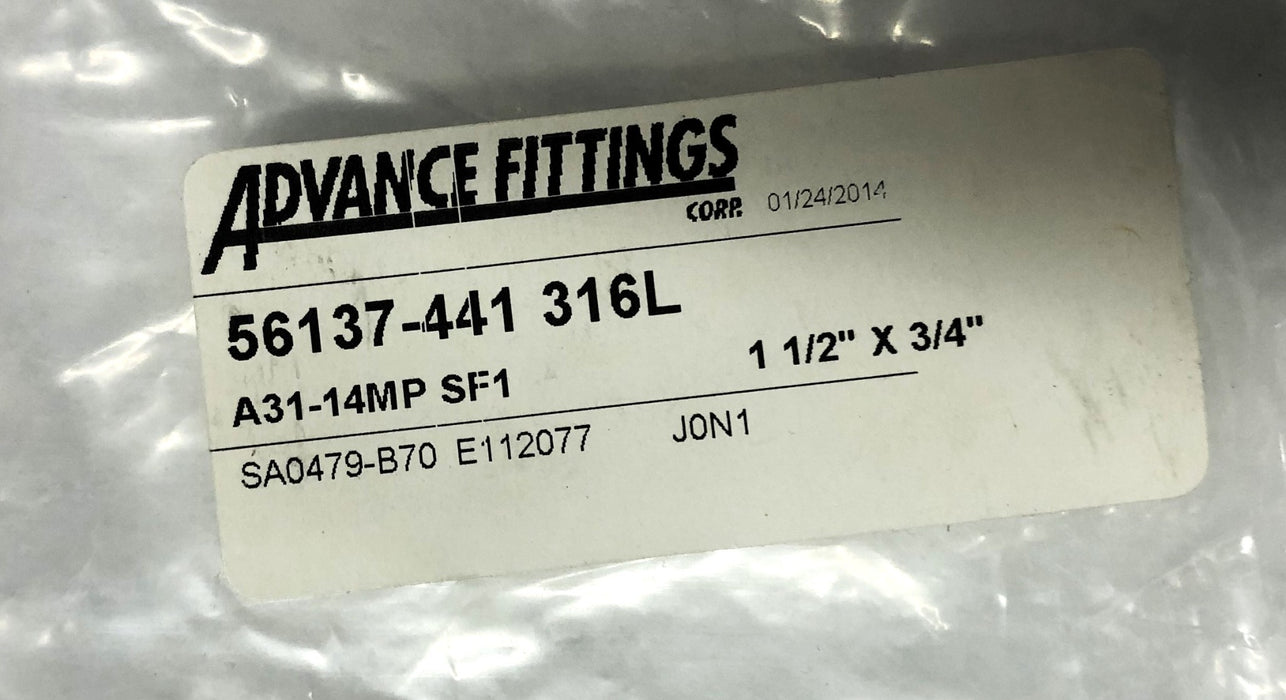 Advance Fittings 56137-441 316L 1-1/2x3/4IN Concentric Reducer A31-14M NOS