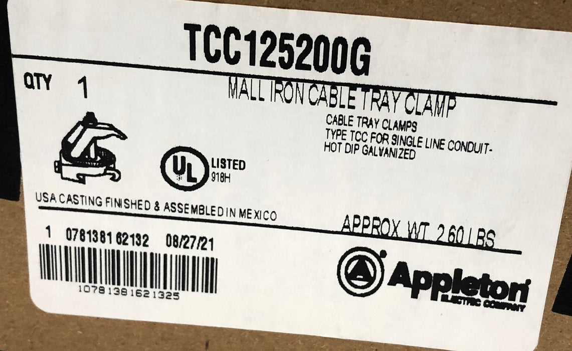 Appleton 1-1/4" to 2" Malleable Iron Cable Tray Clamp TCC125200G NOS