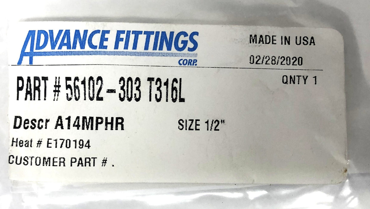 Advance Fittings 1/2 Inch Fitting A14MPHR (56102-303 T316L) NOS