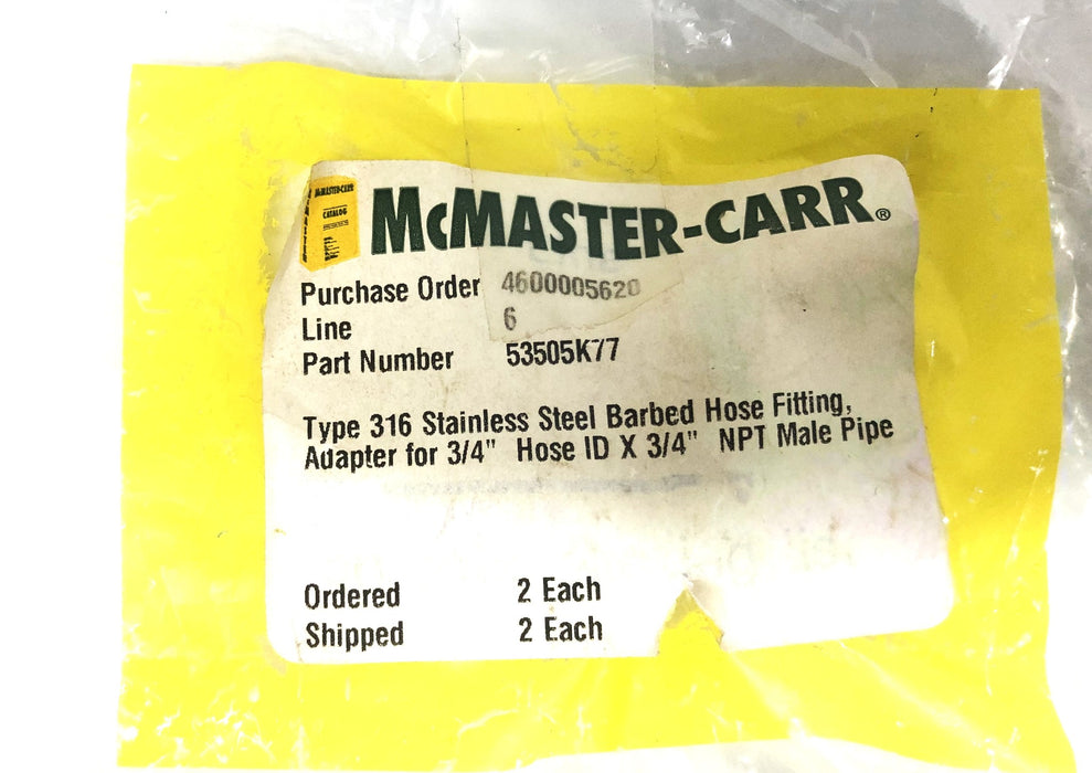 McMaster-Carr 3/4 Inch Type 316 Barbed Hose Fitting 53505K77 [Lot of 2] NOS