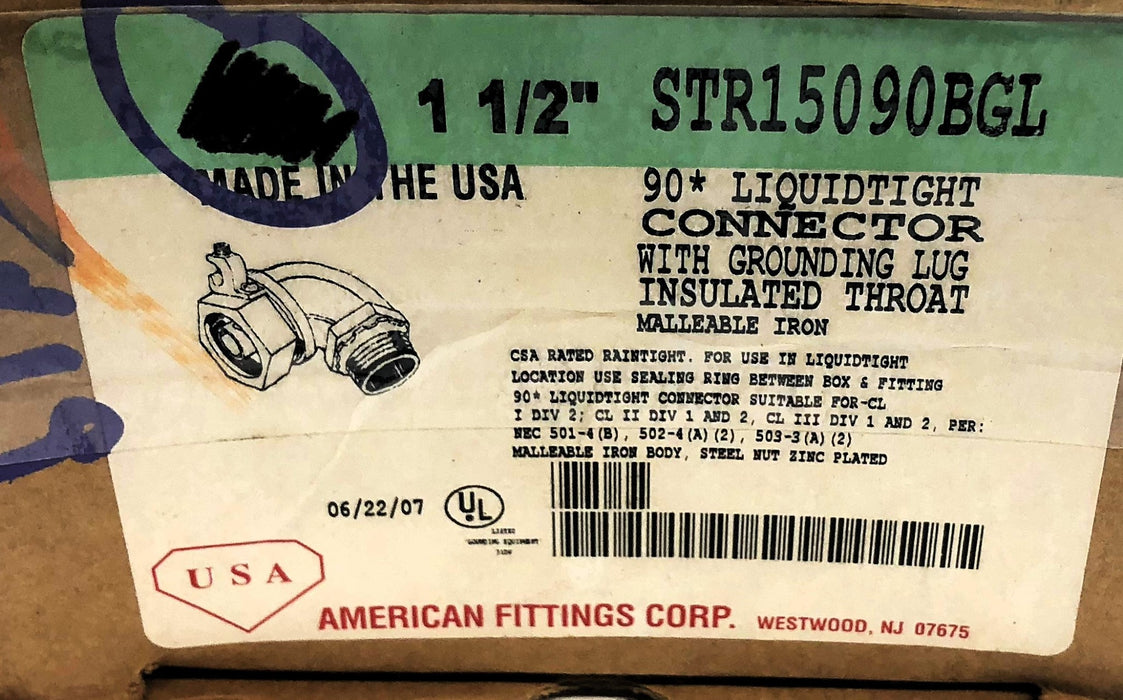 AMFI CO Box of (3) 90 Degree Liquid Tight Connector STR15090BGL NOS