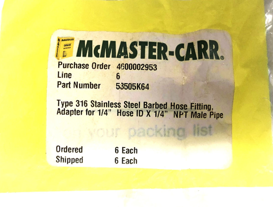 McMaster-Carr 1/4 Inch Type 316 Stainless Steel Barbed Hose Fitting 53505K64 NOS