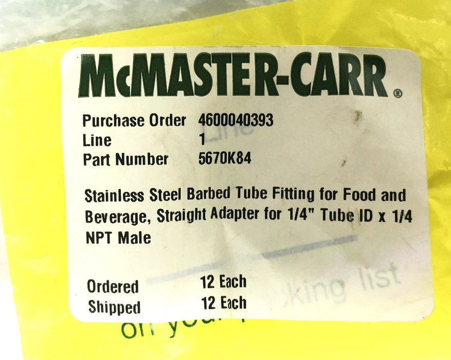 McMaster-Carr 1/4 Inch Stainless Steel Barbed Hose Fitting 5670K84 NOS