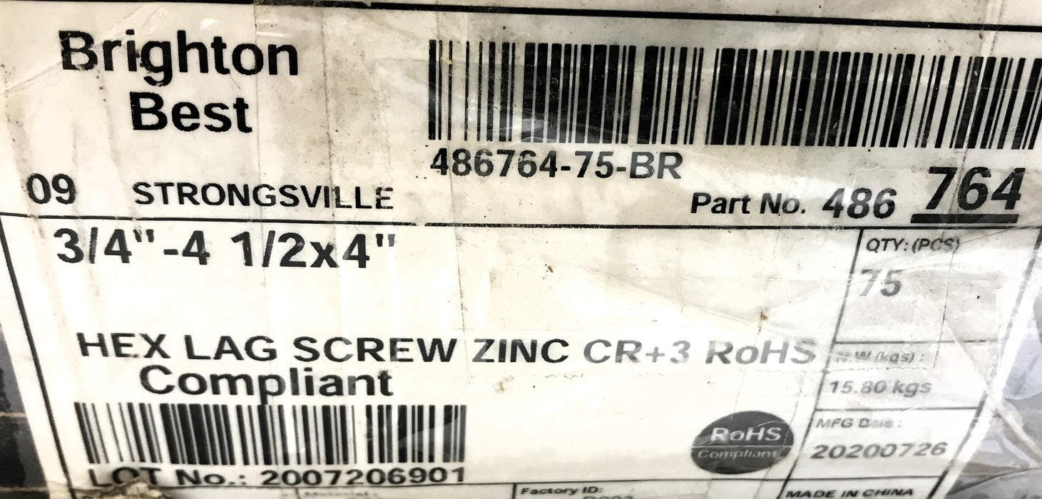Brighton Best Box of (75) 3/4"-4 1/2 x 4" Hex Lag Screw 307A 486764 NOS