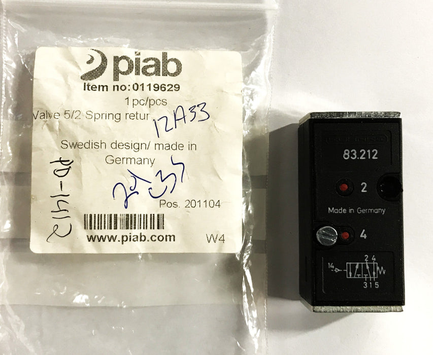 Piab/Kuhnke Pneumatic Valve 119636/83.212 NOS