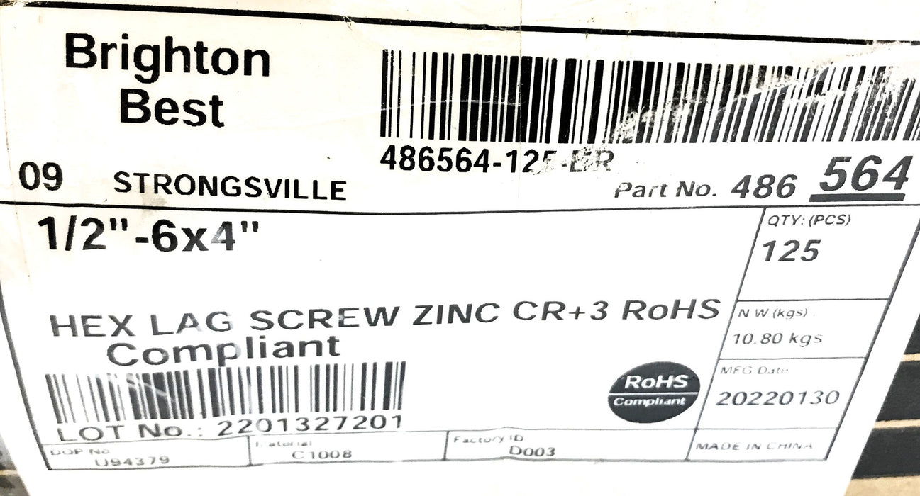 Brighton Best Box of (125) 1/2-6 x 4" Hex Lag Screw 307A 486564 NOS