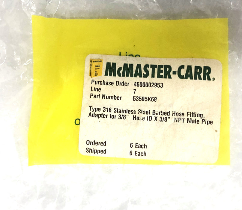 McMaster-Carr 3/8 Inch Type 316 Stainless Steel Barbed Hose Fitting 53505K68 NOS