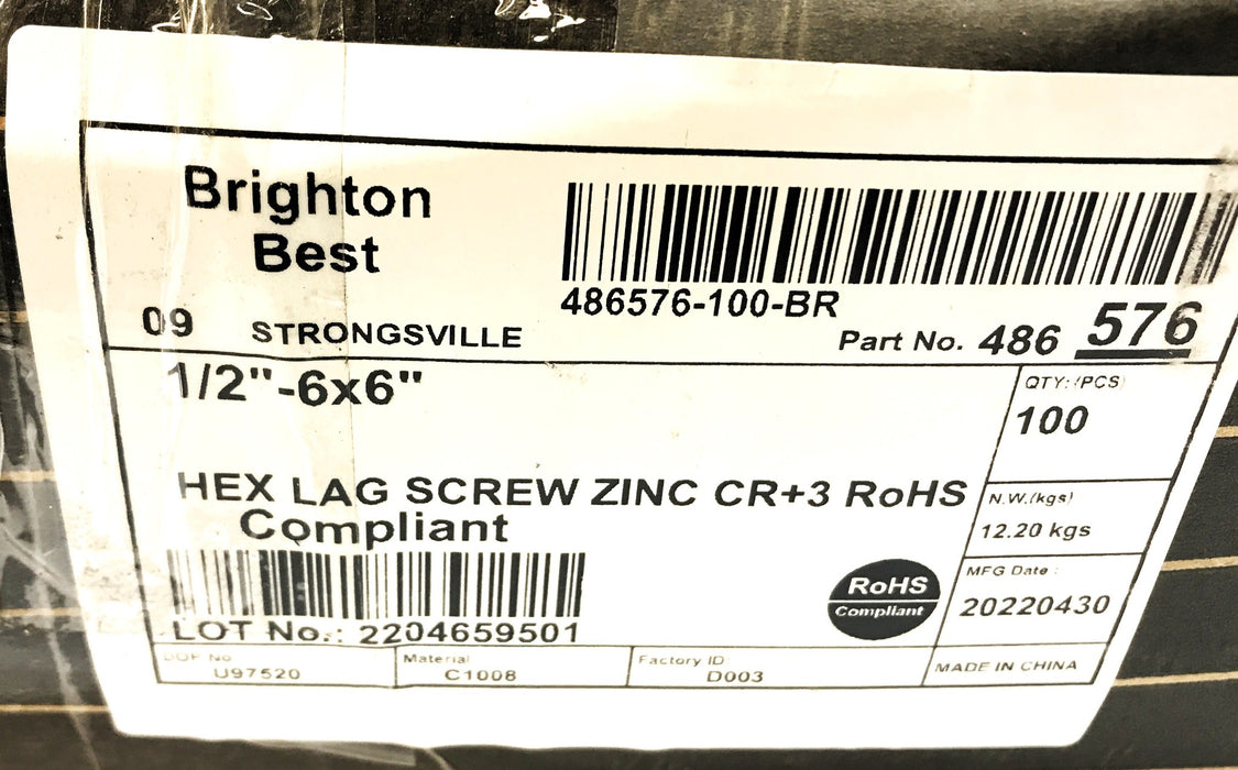 Brighton Best Box of (100) 1/2-6 x 6" Hex Lag Screw 307A 486576 NOS