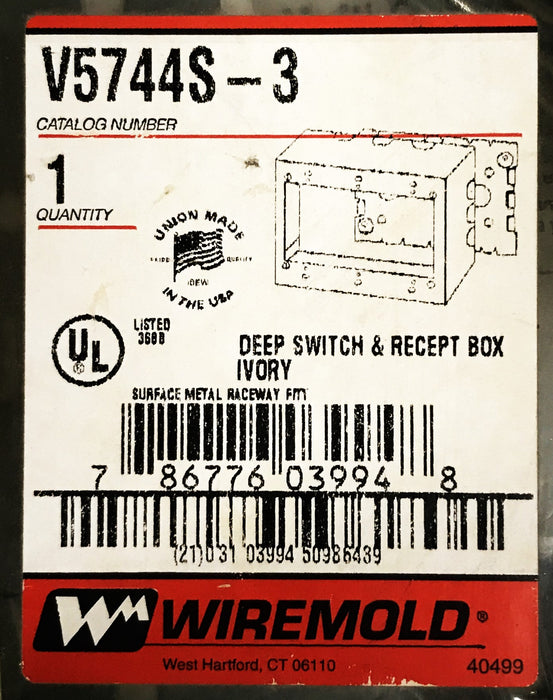 Wiremold 3-Gang Deep Switch and Receptacle Box V5744S-3 NOS