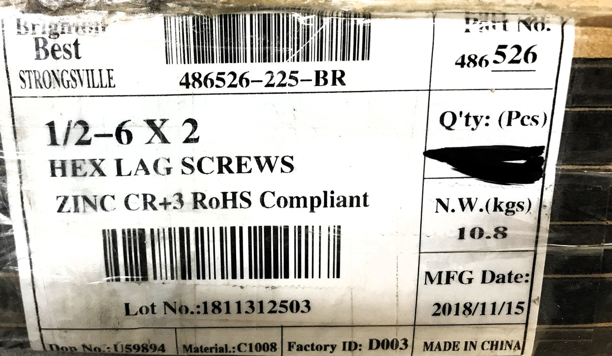 Brighton Best Box of (200) 1/2-6 x 2" Hex Lag Screw 307A 486526 NOS