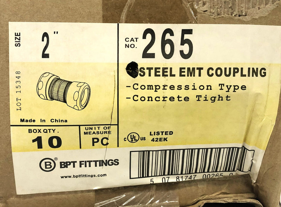 Bridgeport 2 Inch Steel EMT Compression Type Coupling 265 [Lot of 9] NOS