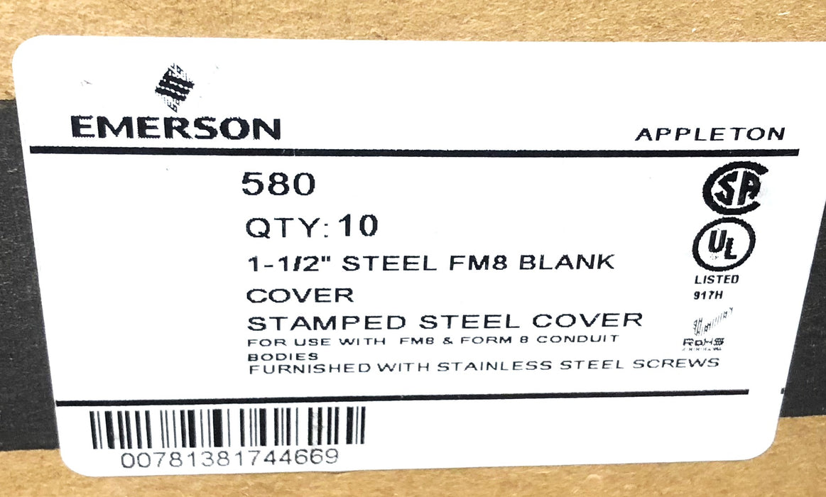 Appleton 1-1/2" Steel FM8 Blank Cover 580 [Lot of 5] NOS