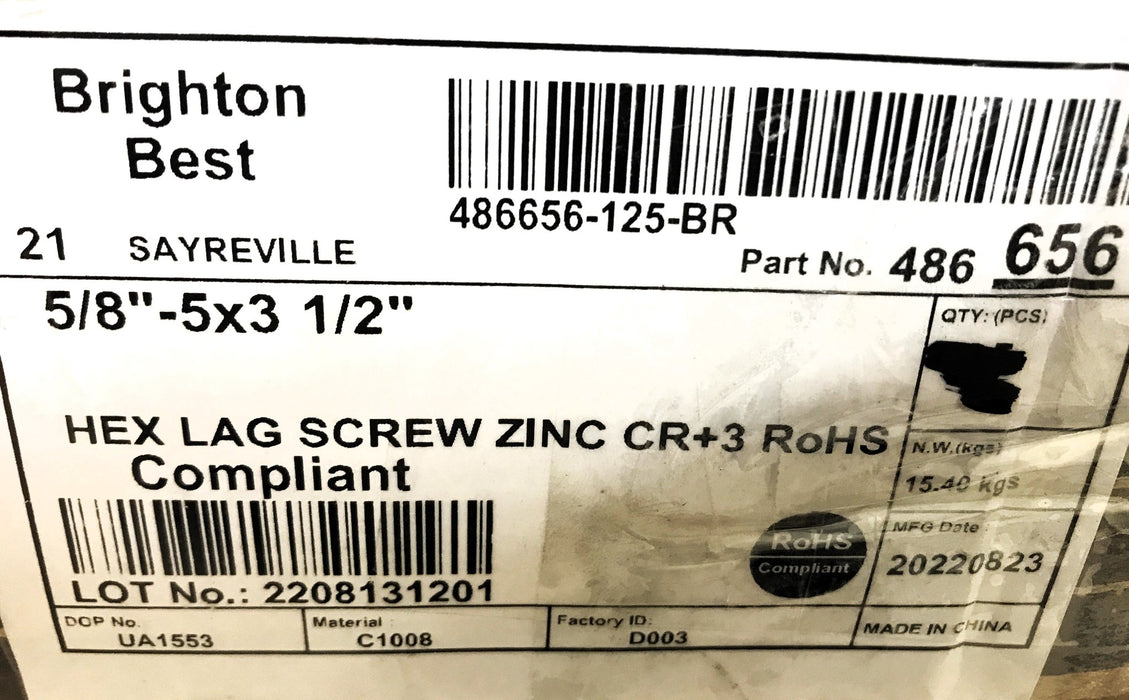 Brighton Best 5/8-5 x 3-1/2" Hex Lag Screw 307A 486656 [Lot of 25] NOS