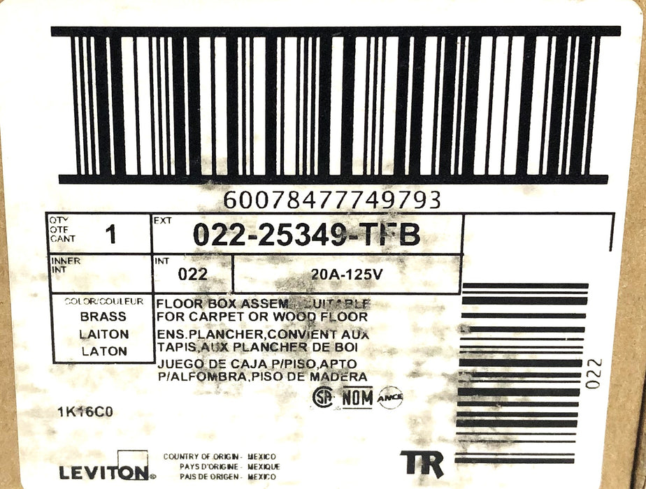 Leviton 20A-125V Brass Floor Box Assembly 022-25349-TFB NOS