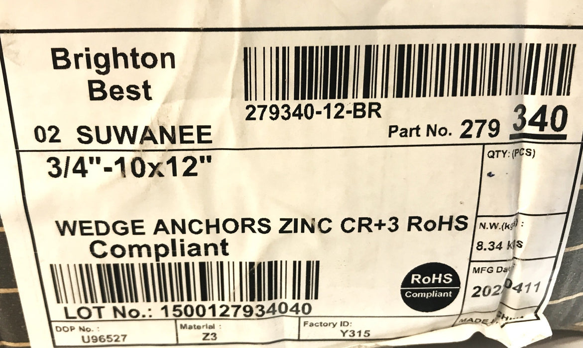 Brighton Best 3/4"-10 x 12" Zinc Plated Wedge Anchor 279340 [Lot of 7] NOS