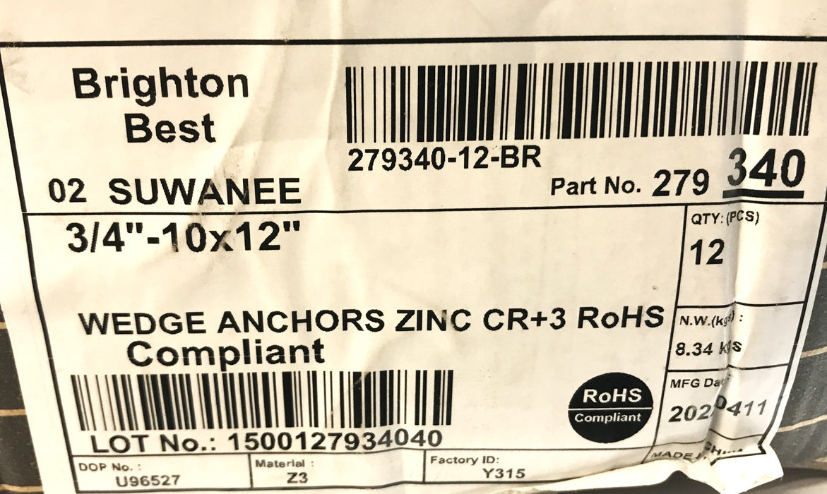 Brighton Best Box of (12) 3/4"-10 x 12" Zinc Plated Wedge Anchor 279340 NOS
