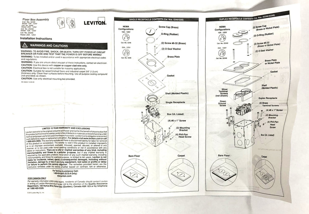 Leviton 20A-125V Brass Floor Box Assembly 022-25349-TFB NOS