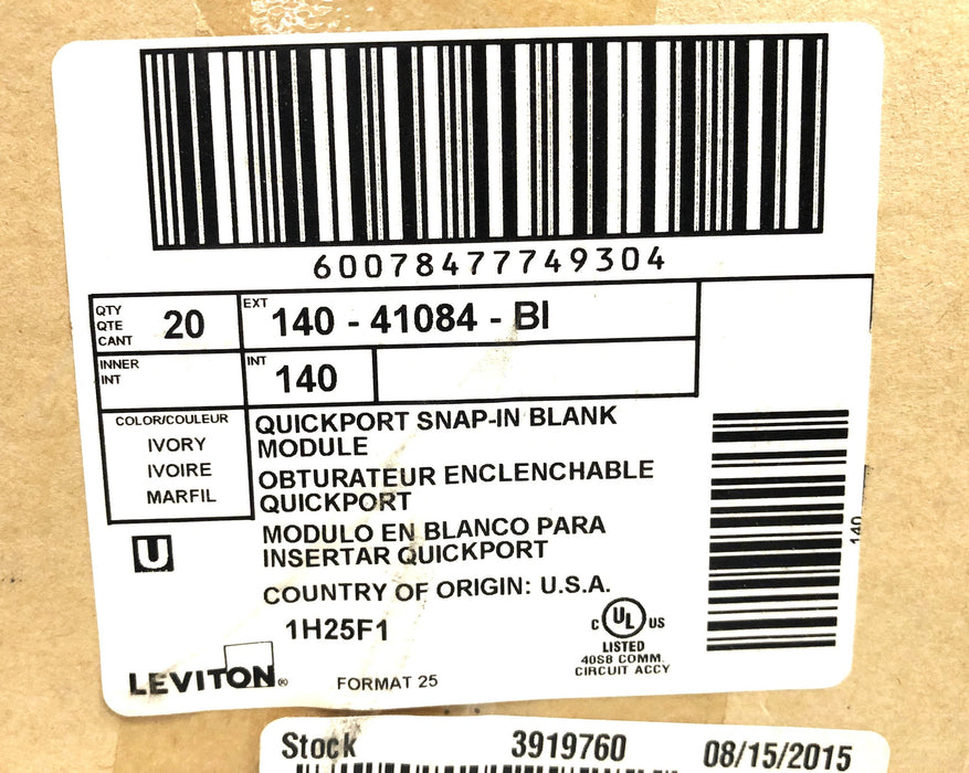 Leviton Case Of 20 10-Pack Quickport Snap-In Blank Module 140-41084-BI NOS