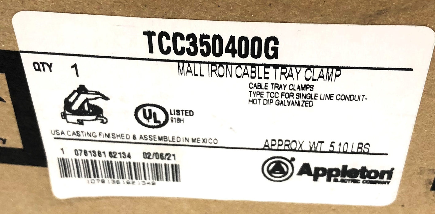 Appleton Malleable Iron Cable Tray Clamp TCC350400G NOS