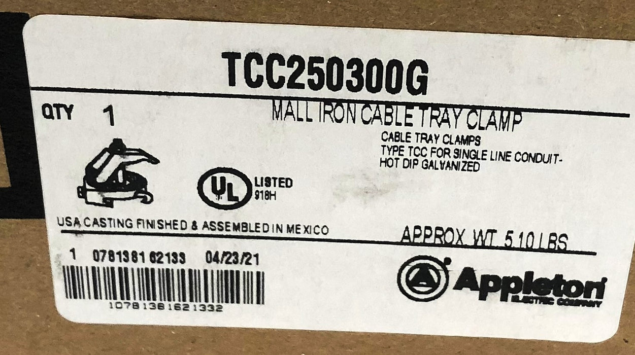Appleton Malleable Iron Cable Tray Clamp TCC250300G NOS