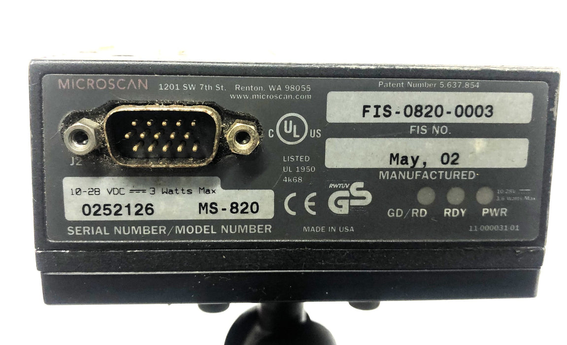 Microscan 10-28VDC 3 WATTS MAX MS-820 Barcode Scanner FIS-0820-0003 USED