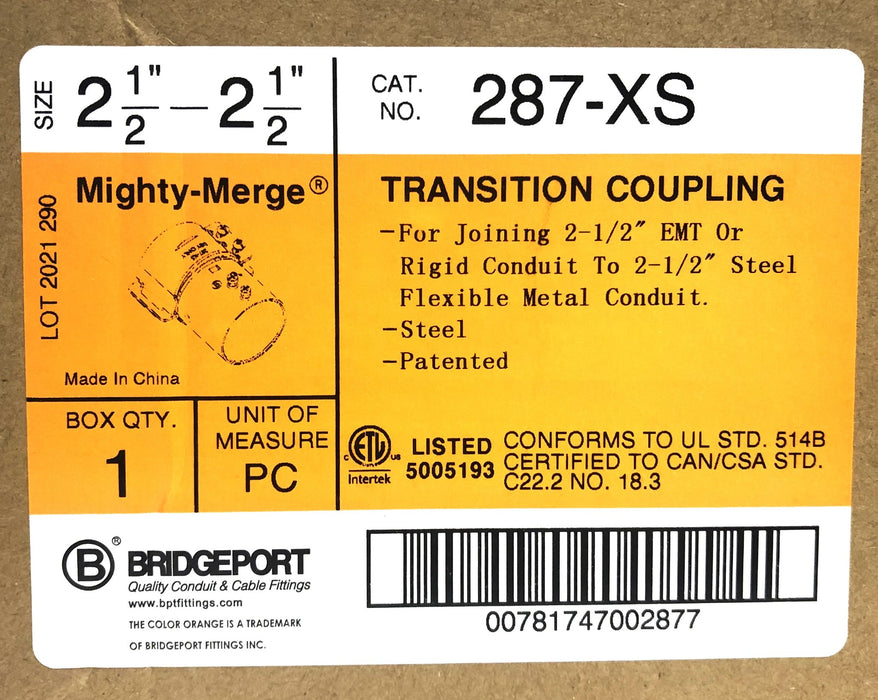 Bridgeport Mighty-Merge 2-1/2 Transition Coupling 287-XS NOS