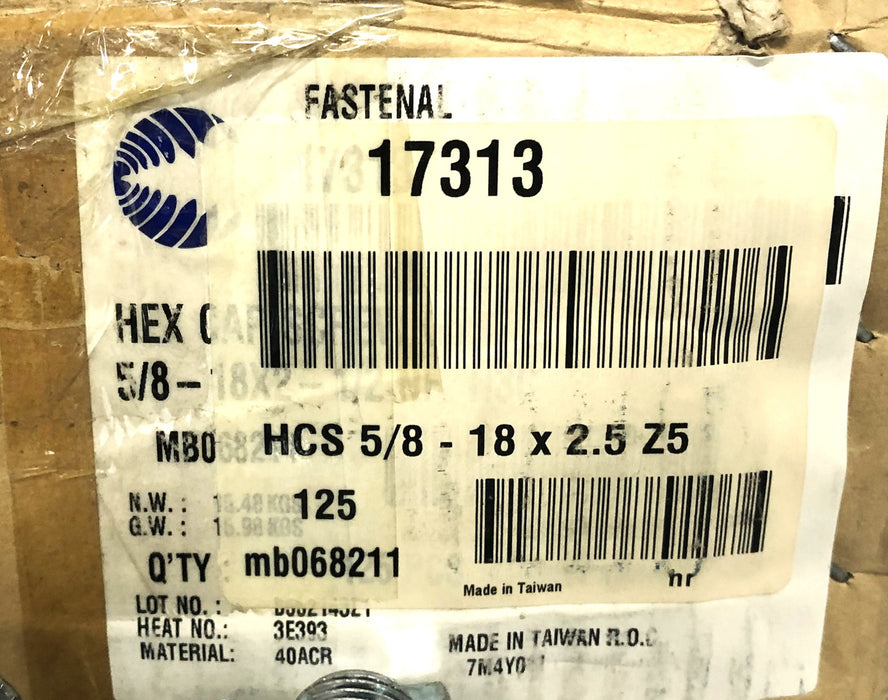 Fastenal Box Of 100 5/8-18x2-1/2 Z5 Hex Cap Screw 17313 NOS