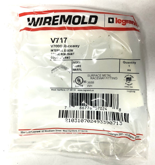 Wiremold Legrand V700 Raceway Ivory Internal Elbow V717 [Lot of 9] NOS