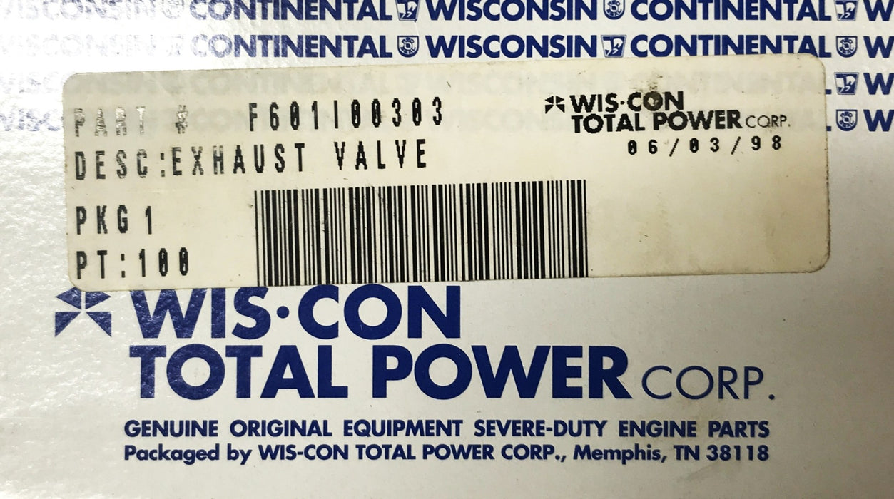Wis-con Total Power Exhaust Valve F601100303 NOS