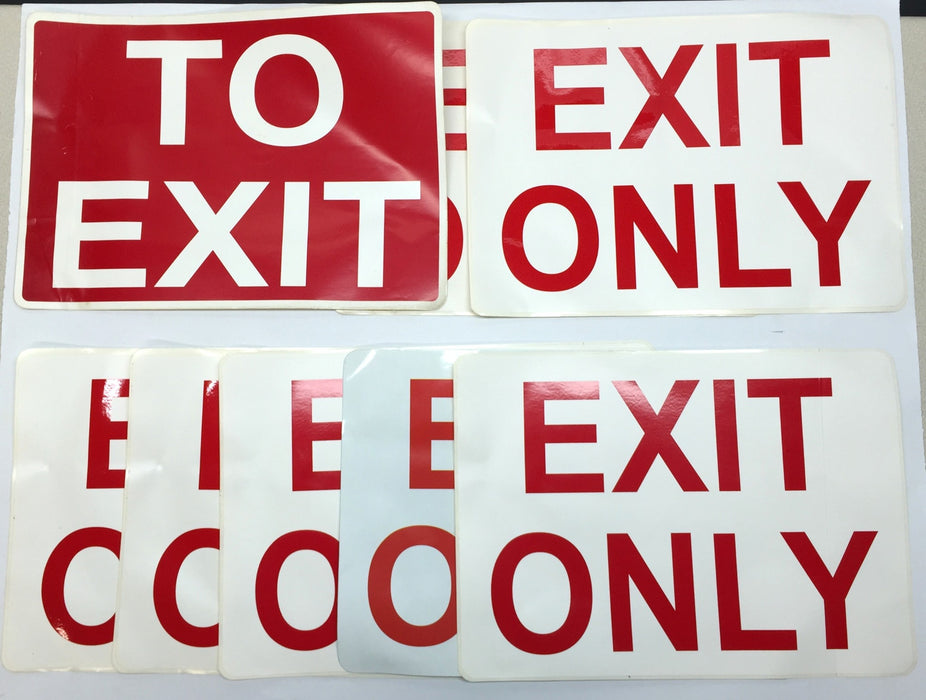 Unbranded 14"x10" 'Exit Only' (7)/ 'To Exit' (1) Adhesive Back Signage NOS
