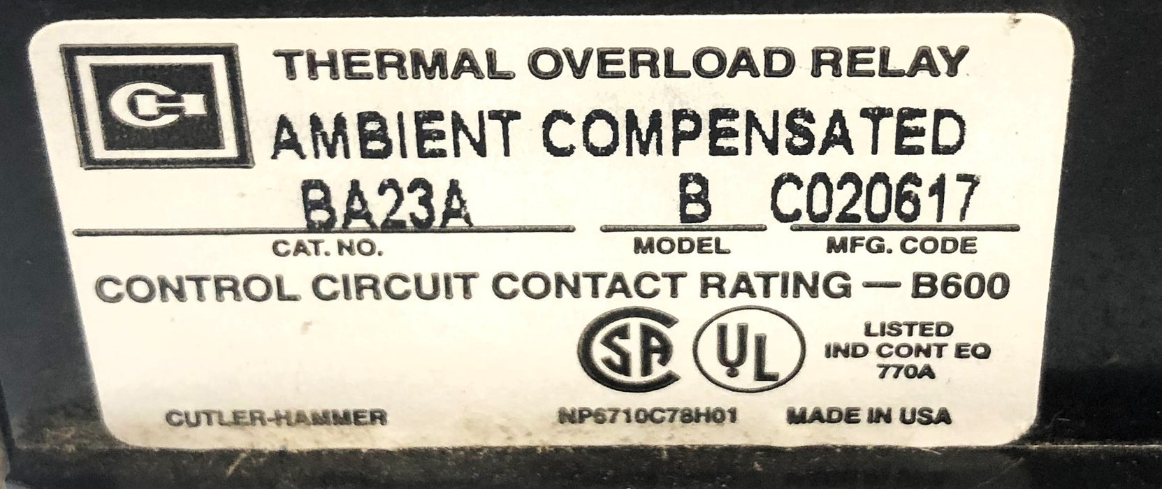 Cutler-Hammer Thermal Overload Relay BA23A USED