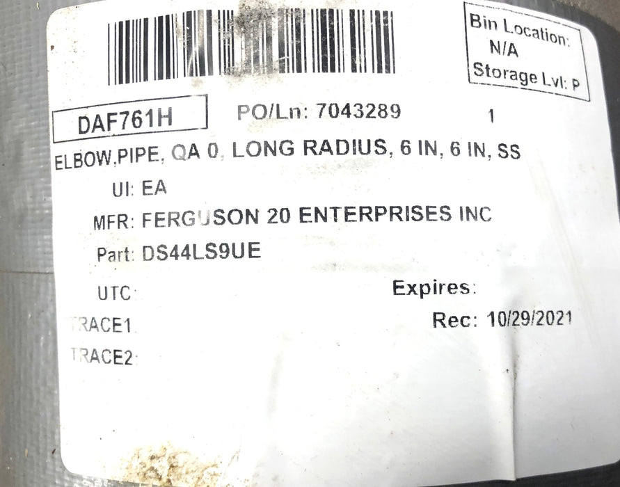 Ferguson 20 Enterprises 45 Degree Pipe Elbow 6x6 Inches DS44LS9UE NOS