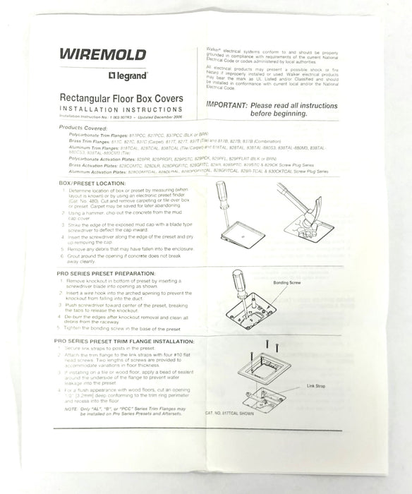 Wiremold Legrand 880 Series Brass Floor Box Rectangular Cover Plate 829CK-1 NOS