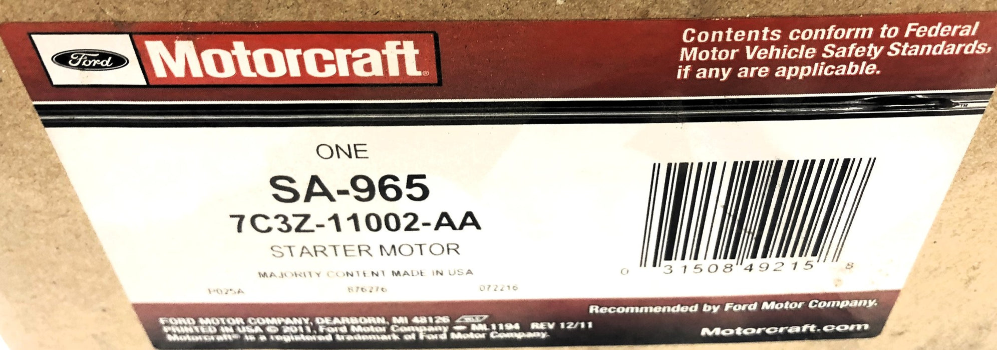 FoMoCo Ford Motorcraft Starter Motor 7C3T-11000-BC (SA-965) NOS