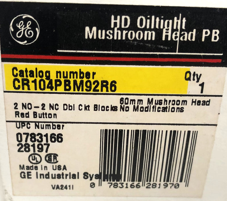 General Electric 60mm HD Oiltight Red Mushroom Head Pushbutton CR104PBM92R6 NOS