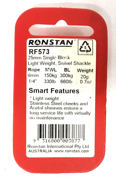 Ronstan 25mm Single Block Light Weigh Swivel Shackle RF573 NOS