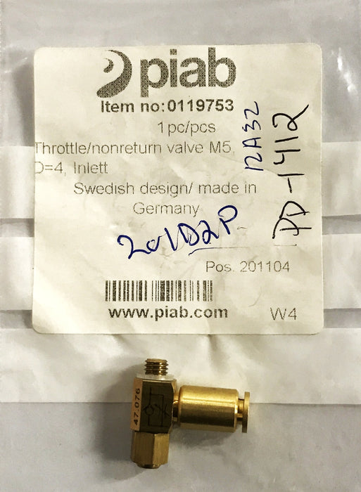 Piab/Kuhnke Flow Restrictor Valve 0119753/47.076 NOS