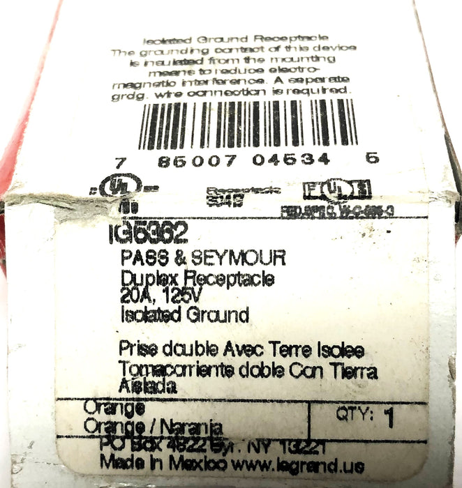 Legrand 20A 125V Orange Isolated Ground Duplex Receptacle IG5362 [Lot of 2] NOS