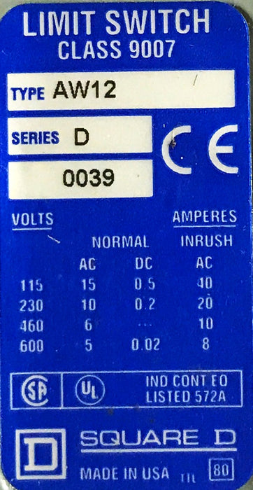Square D Class 9007 Series D Limit Switch AW-12 NOS