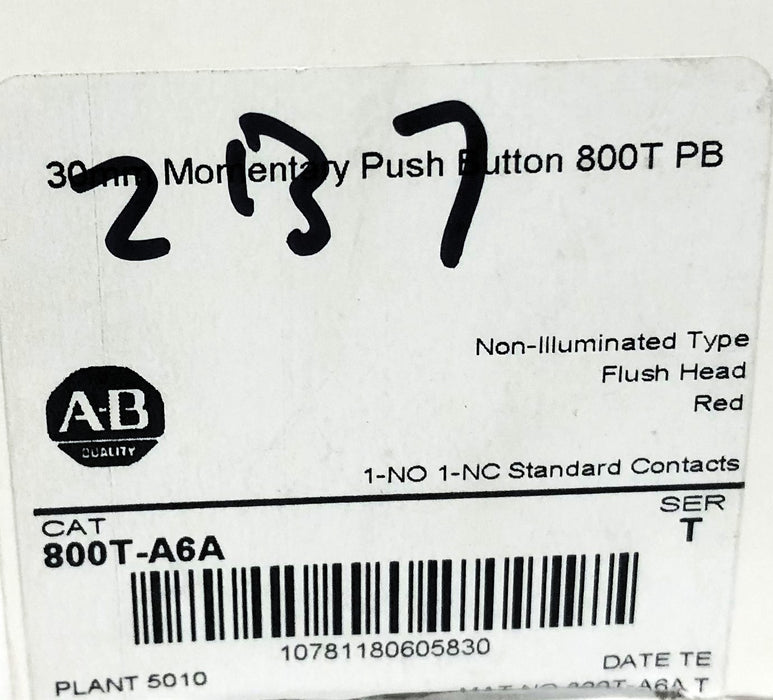 Allen-Bradley Series T Non-Illuminated Red Flush Head Push Button 800T-A6A NOS