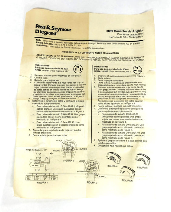 Legrand Pass & Seymour 30/50A 250V 2P3W Angle Plug 3869 NOS