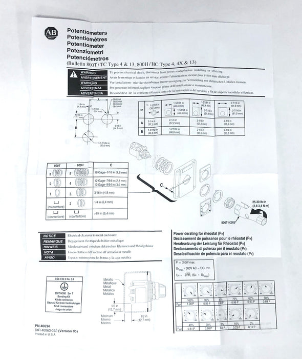 Allen-Bradley Series G Type 4, 4X, 13 Potentiometer Unit 800H-UR29 NOS