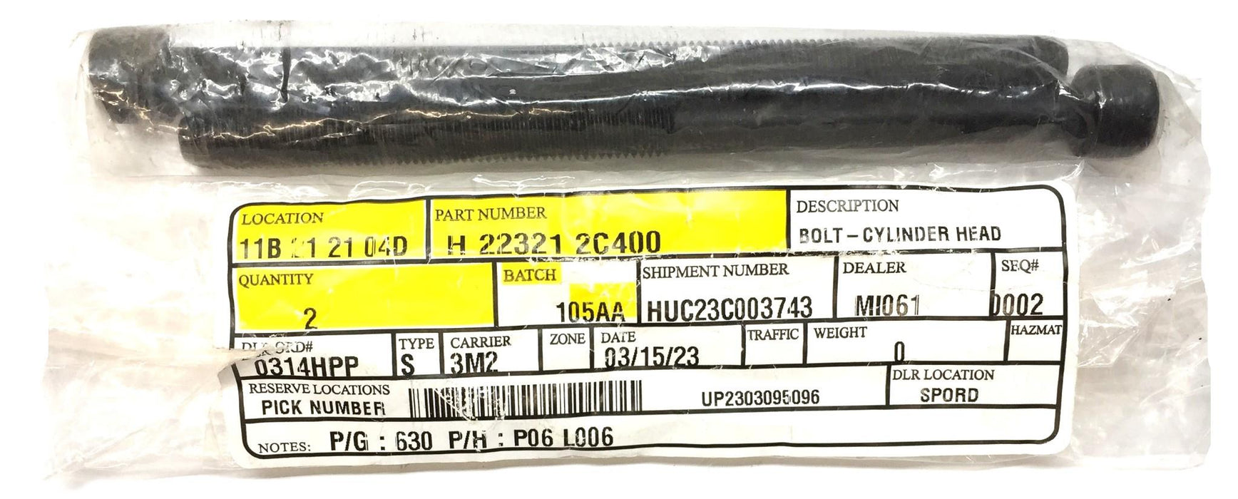 Hyundai Cylinder Head Bolt 22321 2C400 [Lot of 2] NOS
