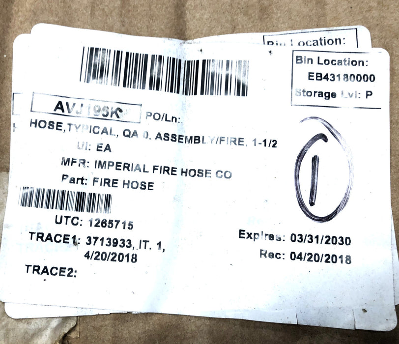 Imperial Fire Hose Co Fire Hose Assembly 1-1/2 Inch NOS