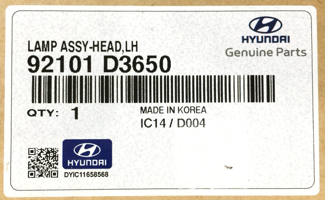 Hyundai Left-Hand Headlight Lamp Assembly 92101 D3650 *OEM Sealed* NOS