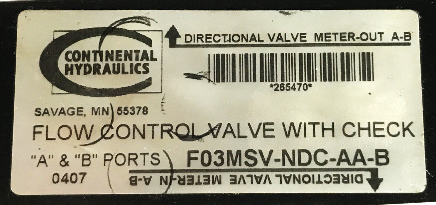 Continental Hydraulics Flow Control Valve F03MSV-NDC-AA-B USED