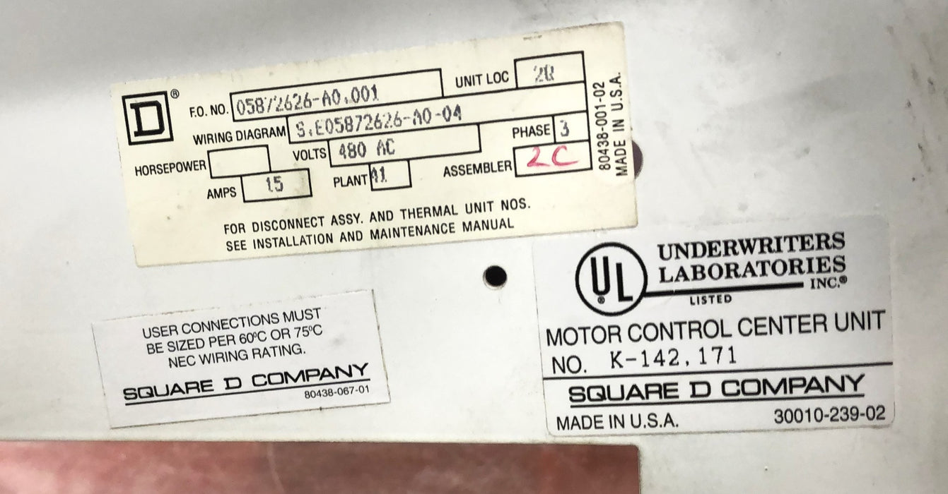 Square D 15AMP 480VAC 3PH MCC Bucket FHP3600311M (K-142,171) USED